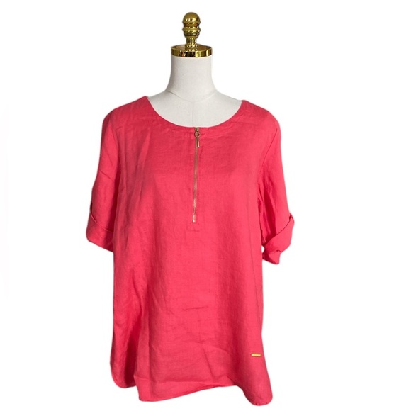 Ellen Tracy Tops - ELLEN TRACY 100% Linen Roll Tab 1/4 Zip Relaxed Tunic Blouse Size L Lagenlook